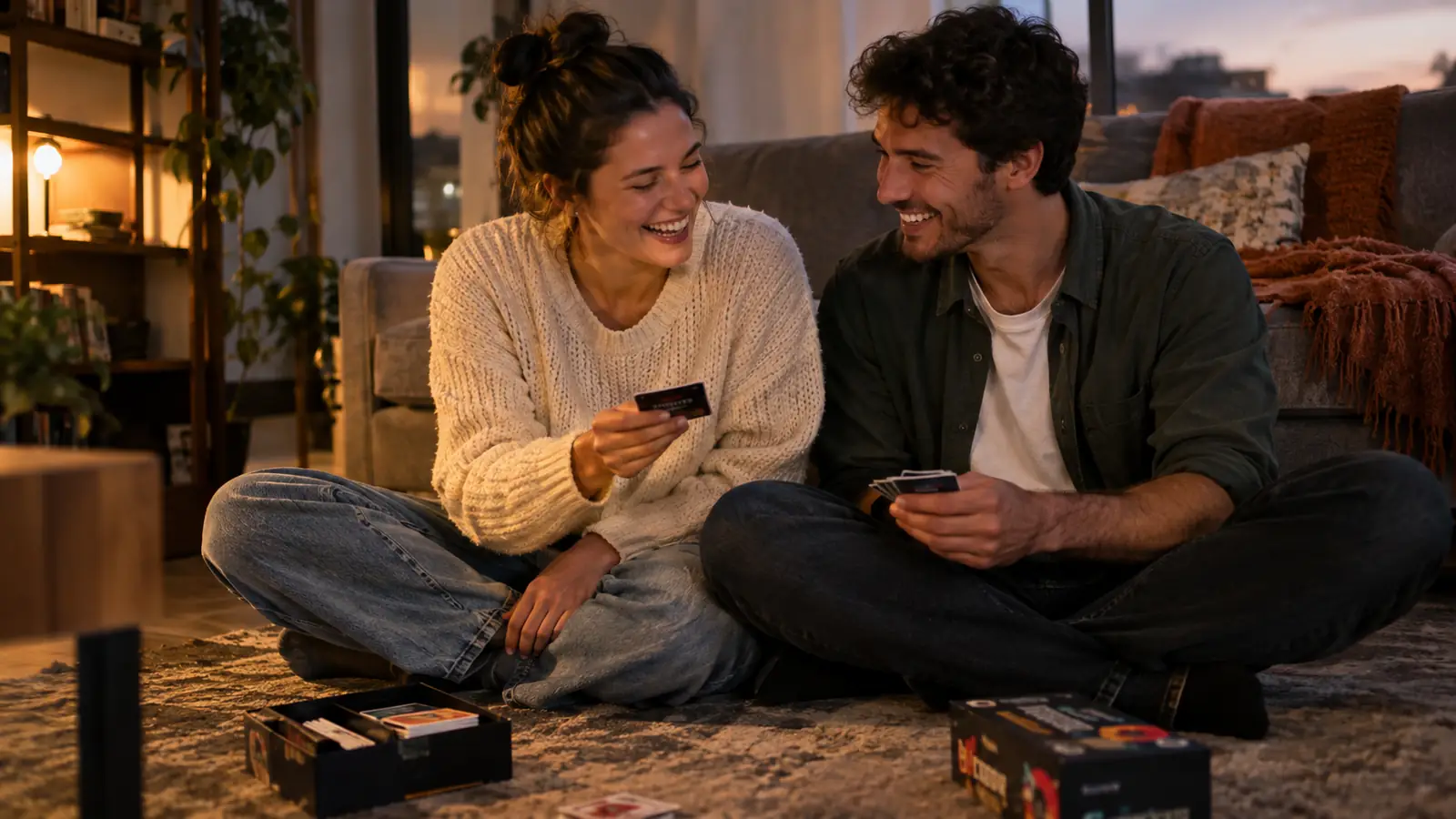 A couple laughing over a card on the living room rug, a second card game box beside them